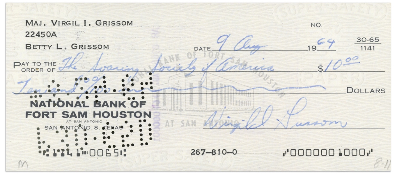 Gus Grissom Holograph Check Signed -- Paid to The Soaring Society of America